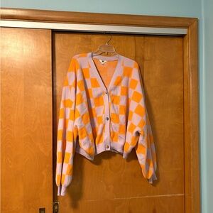 Checkerboard V-Neck Cardigan Sweater - Pink & Orange
